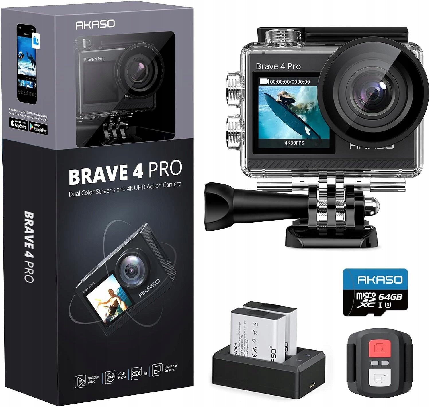 Kamera AKASO Zestaw Brave 4 Pro Action Cam 4K30FPS 20MP 64GB kamera sportowa