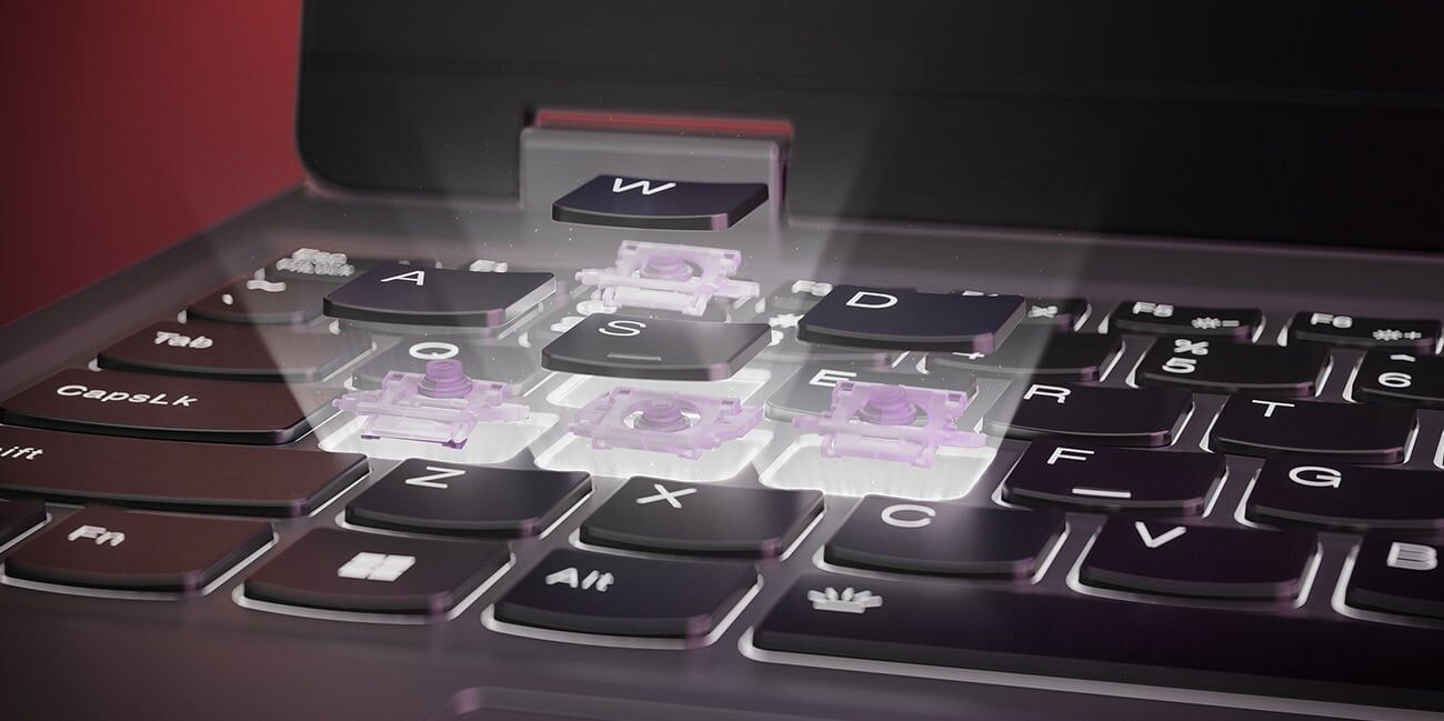 Fragment klawiatury laptopa LOQ 15ARP9 w dużym zbliżeniu, kilka klawiszy pokazane ponad klawiaturą podświetlone białym światłem, widoczny mechanizm pod klawiszem