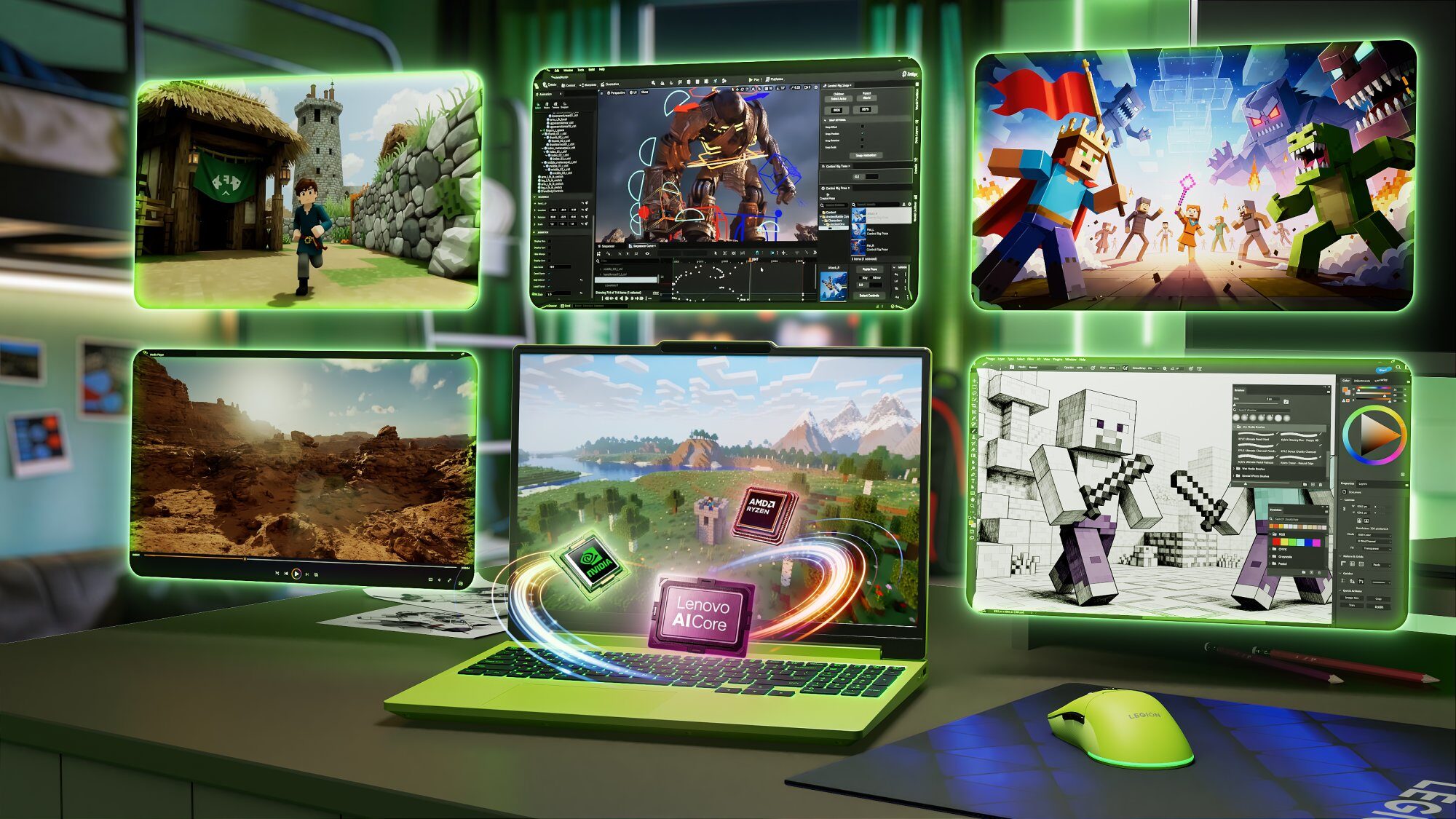Jasnozielony laptop Lenovo z podświetlaną klawiaturą stoi na biurku, a na jego ekranie wyświetla się krajobraz z gry Minecraft, otoczony przez pięć mniejszych ekranów prezentujących różne gry i aplikacje kreatywne, takie jak animacja 3D, edycja grafiki i krajobrazy.