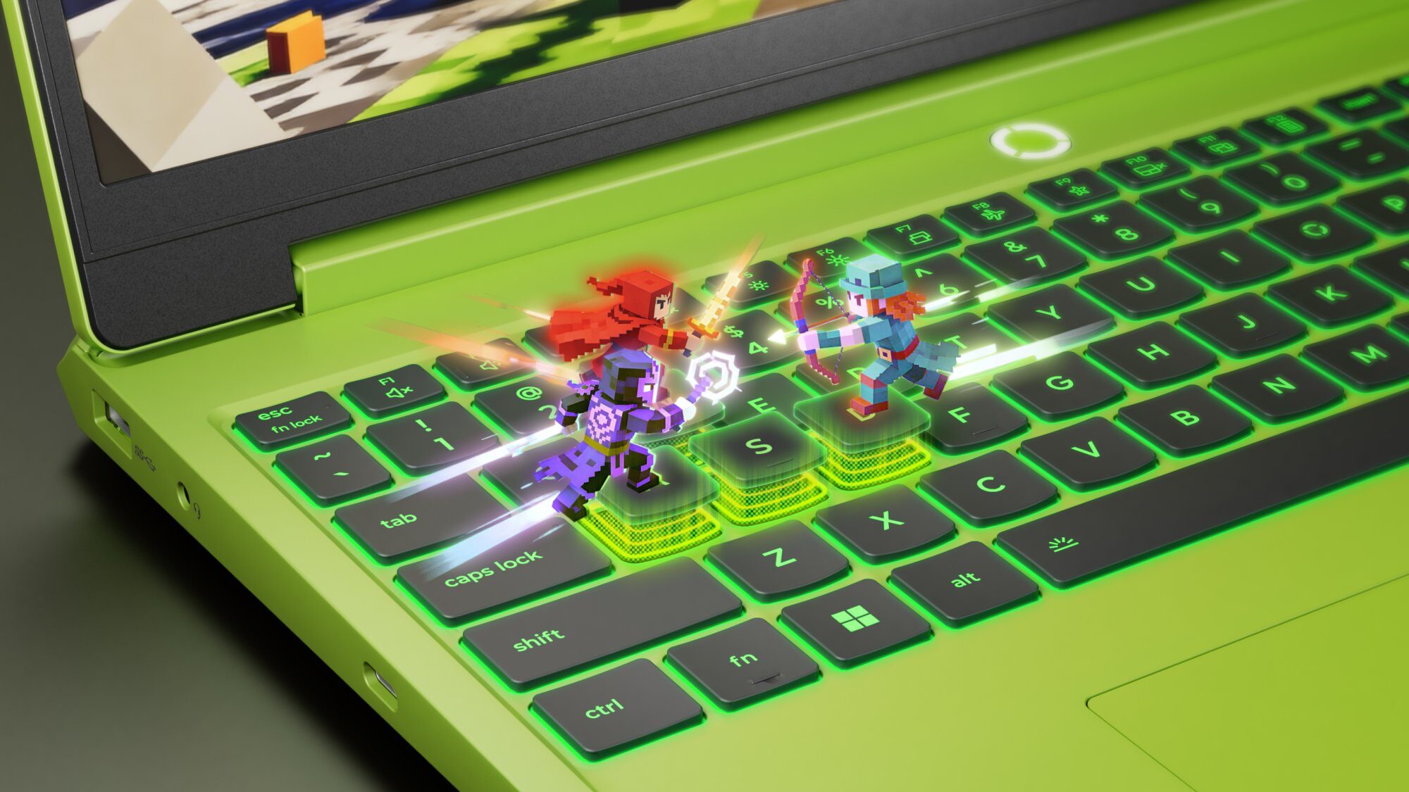 Jasnozielona klawiatura laptopa z podświetlanymi na zielono klawiszami, na której znajdują się trzy pikselowe postacie z gry fantasy walczące ze sobą.