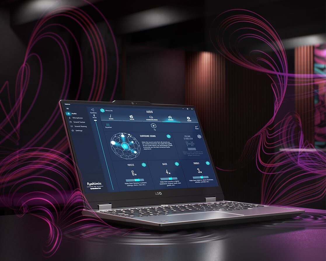 Otwarty laptop LOQ 15ARP9 w trybie pracy, w tle widoczne zwizualizowane fale dźwiękowe które wydostają się z głośników laptopa