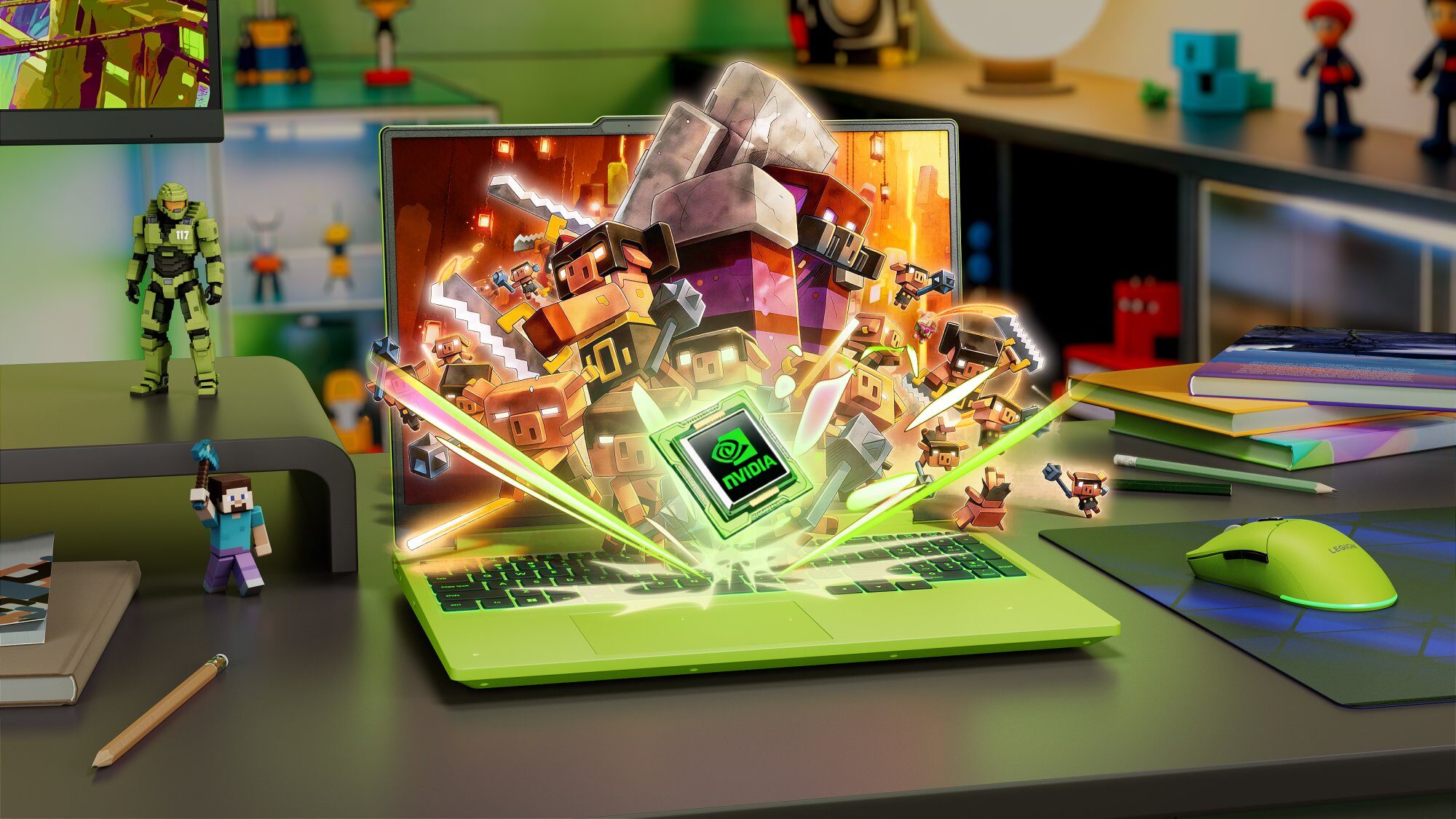 Jasnozielony laptop gamingowy z podświetlaną klawiaturą, na ekranie którego wyświetla się scena z gry Minecraft, a przed nim unosi się zielony chip z logo NVIDIA.