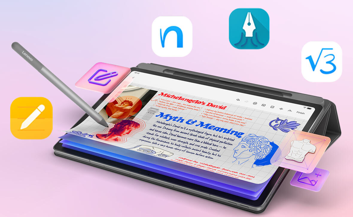 Tablet Idea Tab Plus przodem, obok rysik, dookoła ikony aplikacji edukacyjnych